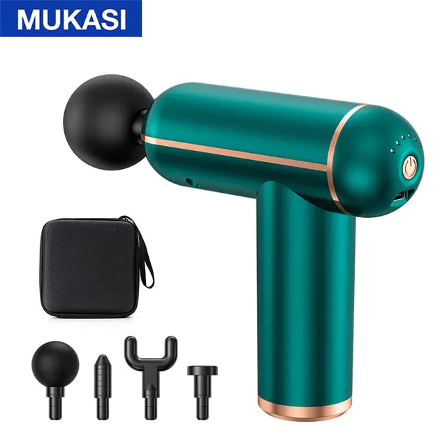 Teal-and-gold handheld massage gun with a black round ball head, shown with a small black carrying case and four interchangeable attachment heads on a white background; “MUKASI” label at the top.