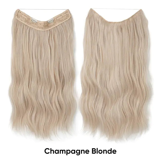 Light blonde wavy clip-in hair extension weft shown from the front and back on a white background, with the label “Light Blonde.