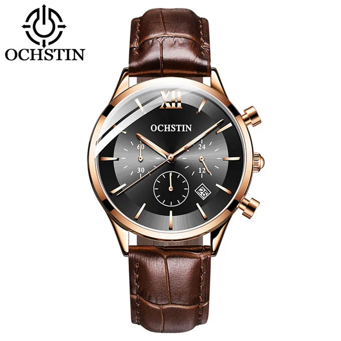 OCHSTIN wristwatch with a black dial, rose-gold case, and brown leather strap, shown with the OCHSTIN logo.