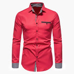 Red long-sleeve button-up shirt with check collar, cuffs and chest pocket detail.
