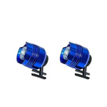 Two small blue cylindrical LED bike light with a clear front lens, mounted on a black rubber strap, on a white background.