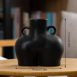 Matte black decorative vase with dual side handles, shown with height and width measurements.
