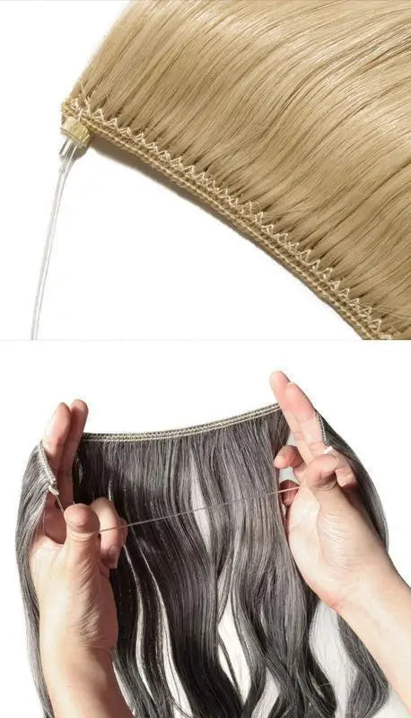 Close-up of a hair extension weft with stitching and an attached clear elastic band; below, hands stretch the elastic band on a dark wavy weft.