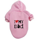 A pet hoodie with a hood and short sleeves, featuring the text 'I ❤️ MY DAD' printed on the back. The word 'Dad' includes a silhouette of a sitting dog integrated into the letter 'D'.