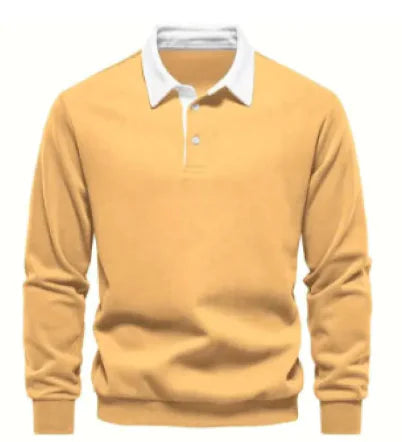 A long-sleeve polo shirt with a white collar and a three-button placket. The fabric appears soft, and the cuffs and hem have a fitted design. The shirt has a classic and stylish look, suitable for both casual and semi-formal wear.