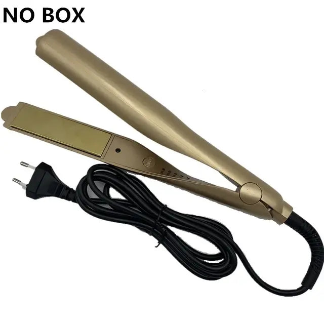 Gold hair straightener (flat iron) shown open with a black power cord and two-prong plug, on a white background; text in the top-left reads “NO BOX.”