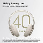 Promotional graphic of over-ear headphones on a light background with large text “40 hours” and the headline “All-Day Battery Life, up to 40 hours total battery life.”