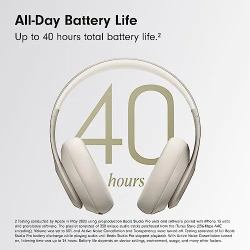 Promotional graphic of over-ear headphones on a light background with large text “40 hours” and the headline “All-Day Battery Life, up to 40 hours total battery life.”