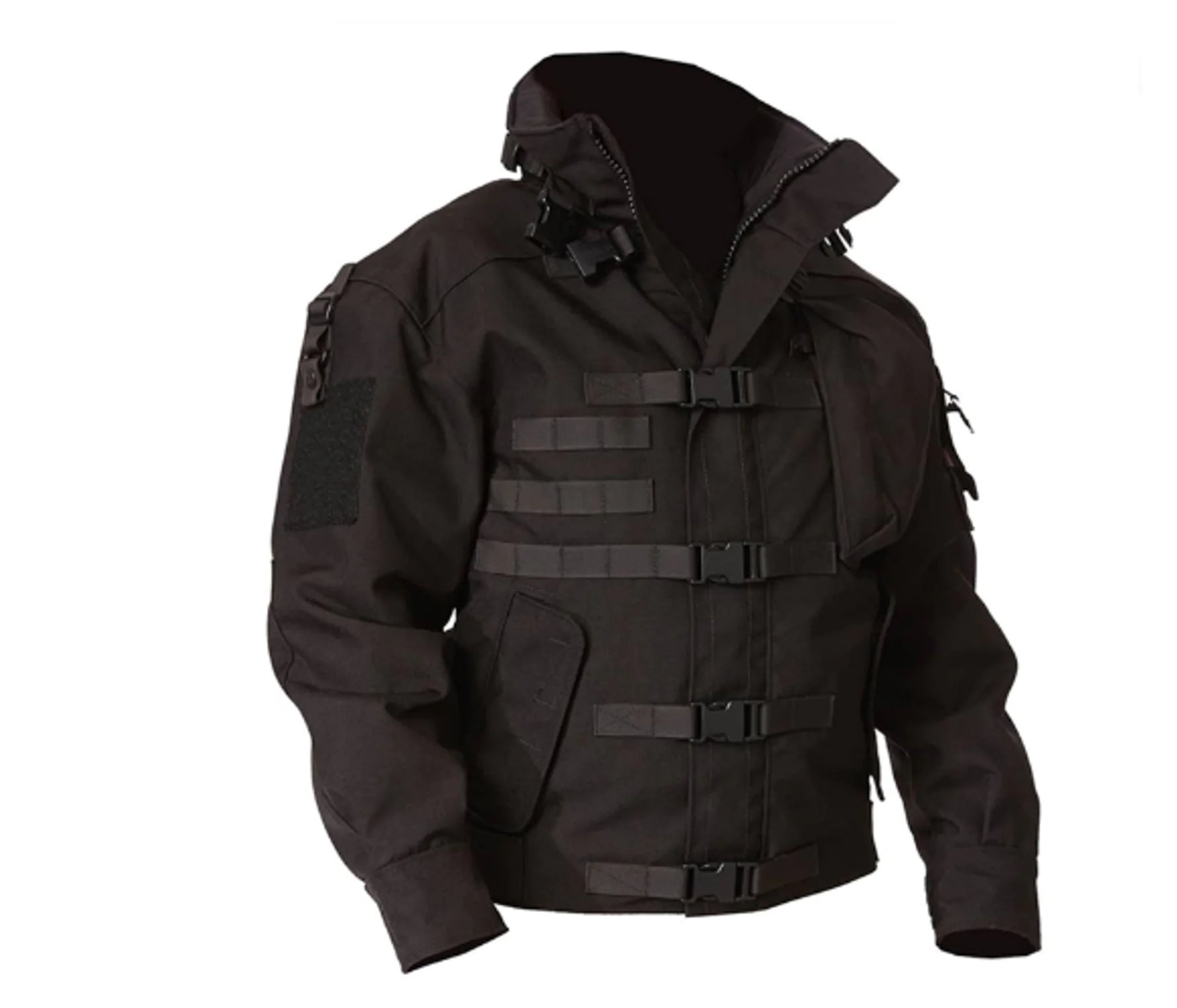 Black tactical jacket with a high collar, front zip closure, multiple buckle straps across the chest, and patch panels on the sleeves, shown on a white background.