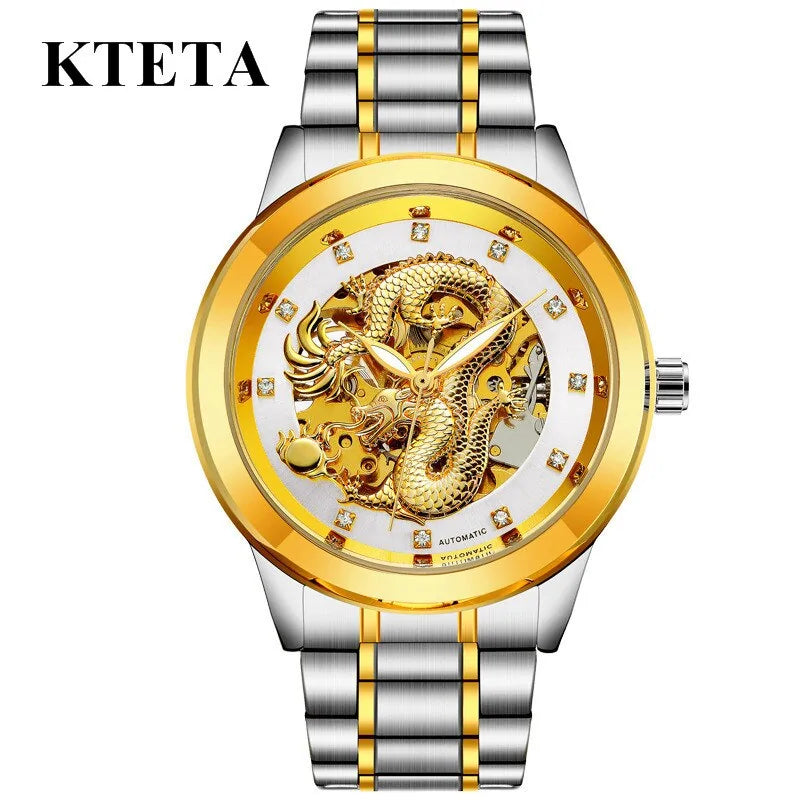 KTETA two-tone stainless steel wristwatch with a gold bezel and bracelet accents, featuring a skeleton-style dial with an ornate gold dragon design and crystal hour markers.