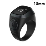 Black smart ring with a small display, labelled 18mm.