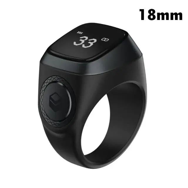 Black smart ring with a small display, labelled 18mm.