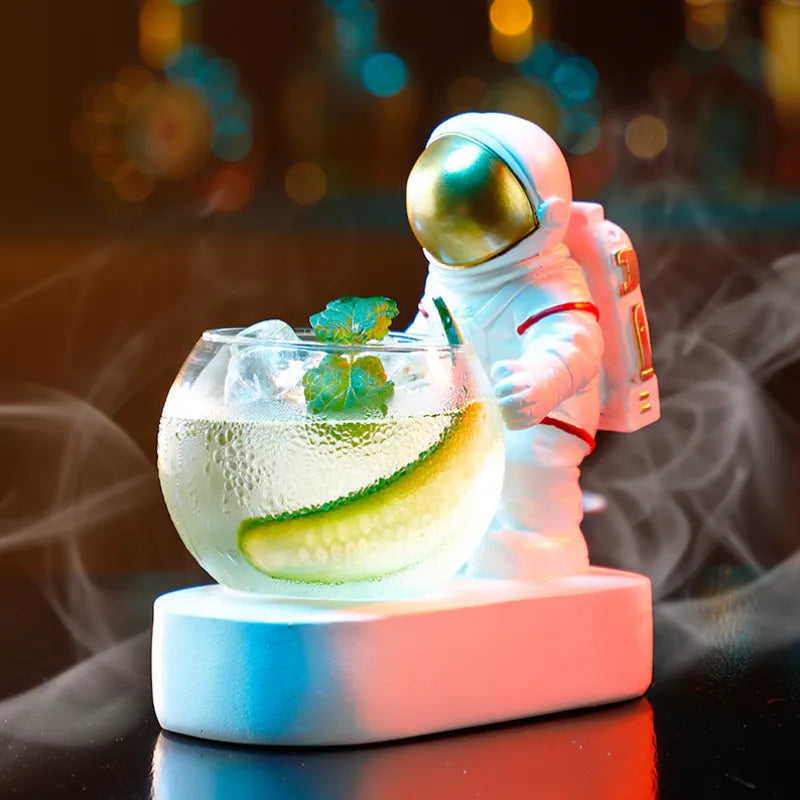 Astronaut cocktail glass humidifier with colourful LED light and mist effect.

