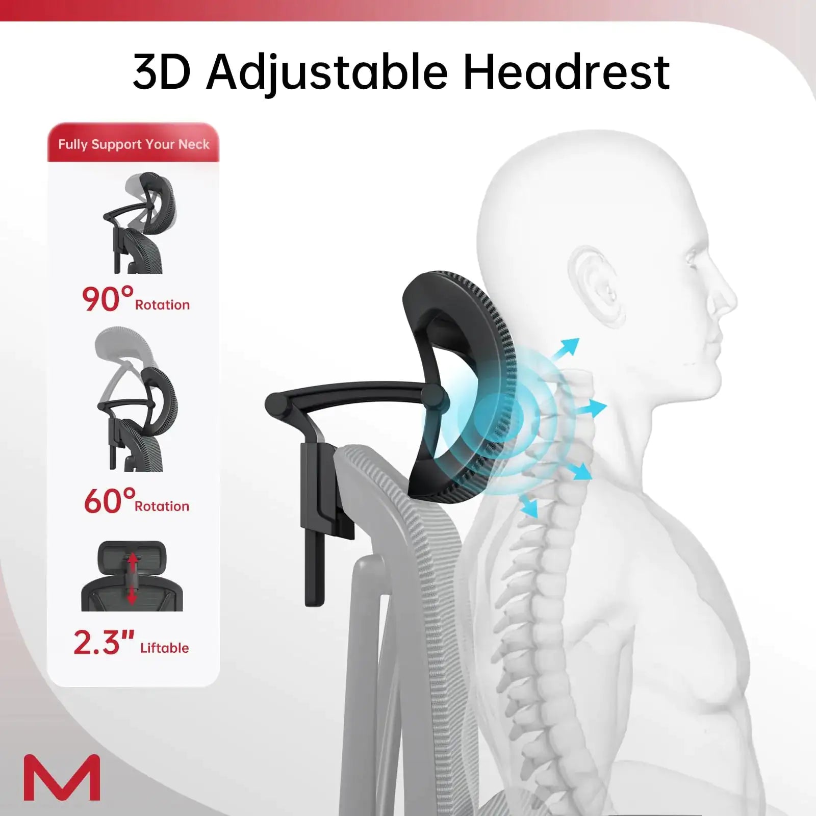 3D adjustable headrest with a person's neck and spine illustration, showing support features.