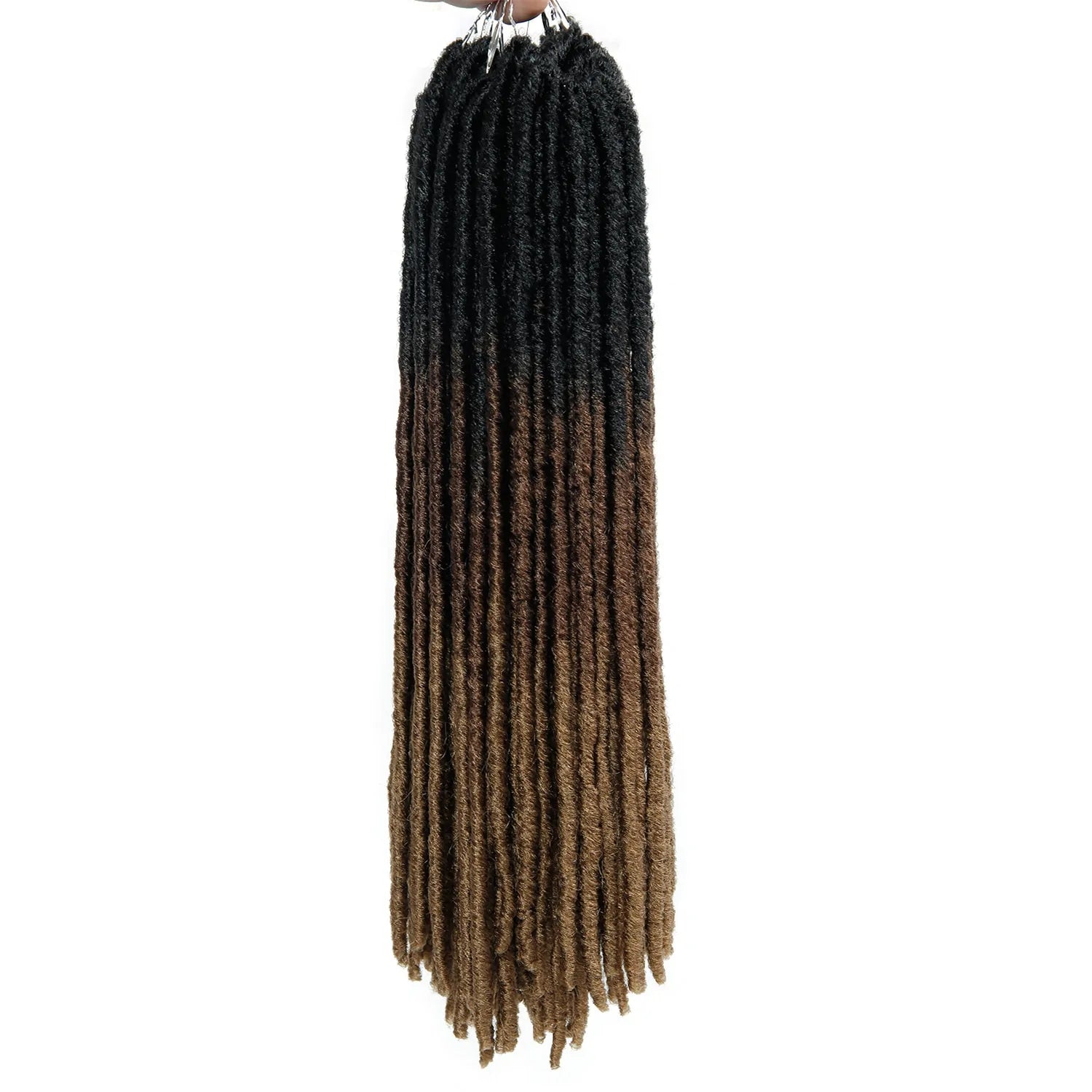 Long faux locs hair extensions in an ombré color blend from black at the top to warm brown and lighter brown at the ends, shown on a white background with the bundle held at the top.