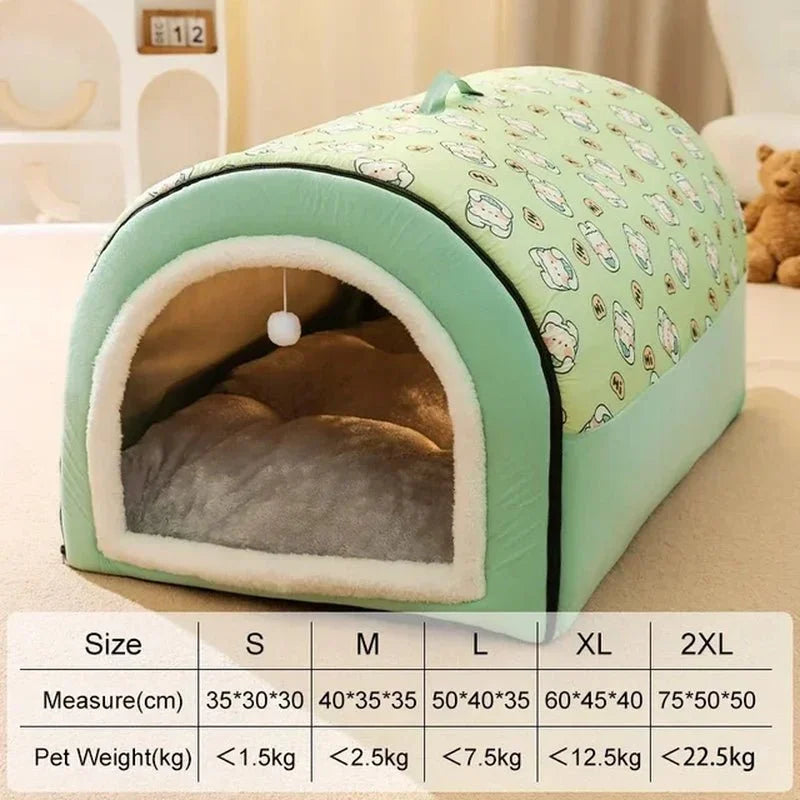 A cozy pet bed with a playful green and white pattern, designed for small to medium pets. It features a rounded structure with a soft interior and an entrance hole with a dangling white ball. A size and weight chart is shown at the bottom to help choose the appropriate size for the pet.