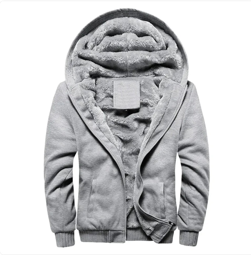 A stylish two-tone hoodie with a navy blue body and red sleeves, featuring a thick, plush gray fleece lining for warmth. The hood is large and lined with the same soft material, and the jacket includes a full-length zipper and two front pockets with red accents. Designed for cold weather comfort.