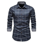 Black men’s long-sleeve checked shirt with contrast gingham collar and cuffs.
