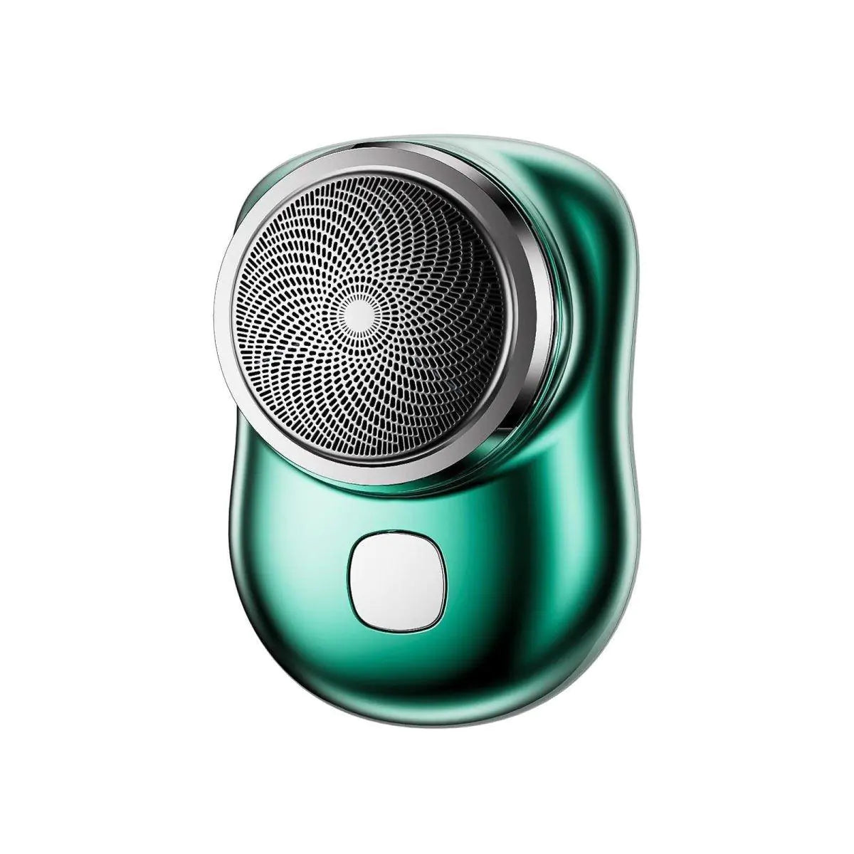 Green electric fabric shaver with a round metal shaving head and front power button.