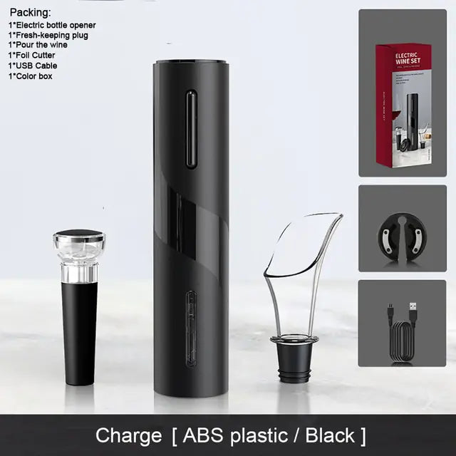 Black electric wine opener set (ABS plastic) with opener, charging base, foil cutter, and wine stopper/pourer attachments, shown with packaging icons and “without battery” note.