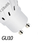 A close-up studio image of a white GU10 light bulb base on a white background, showing the two short metal prongs and ventilation slots, with the text “GU10” printed in the corner.