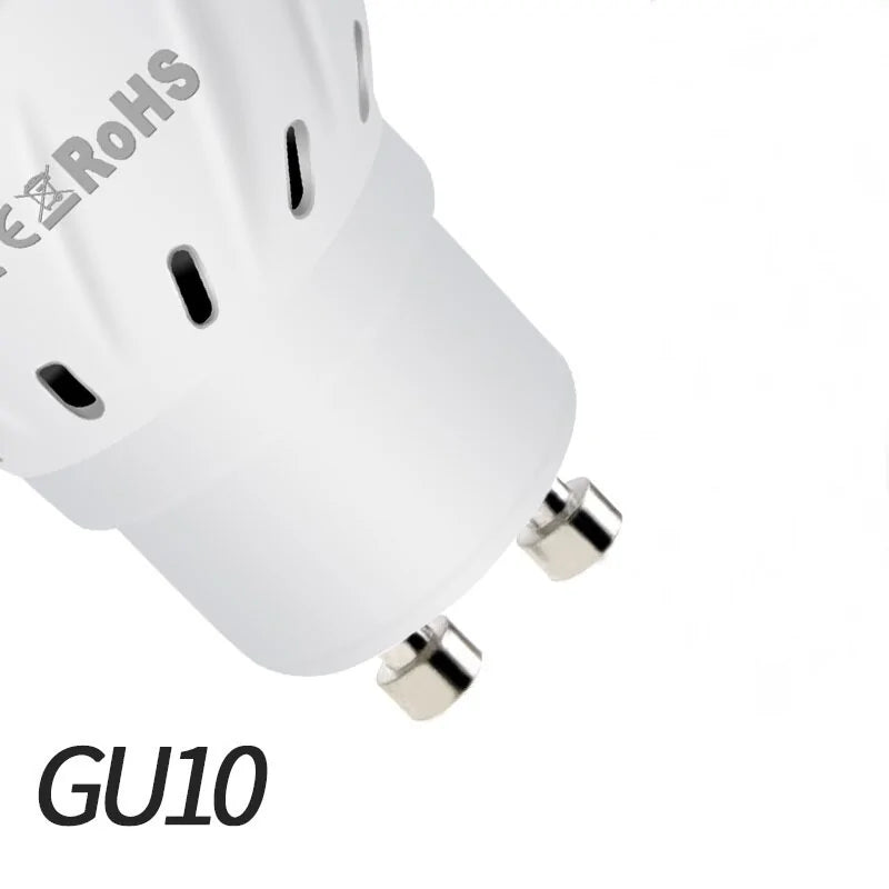A close-up studio image of a white GU10 light bulb base on a white background, showing the two short metal prongs and ventilation slots, with the text “GU10” printed in the corner.