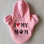 A pet hoodie with a hood and short sleeves, featuring the text 'I ❤️ MY MUM' printed on the back.