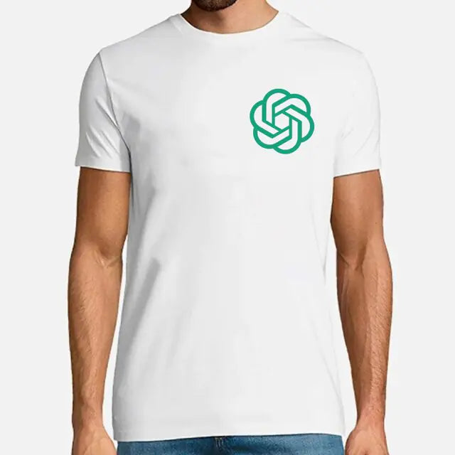 Man wearing a white short-sleeve T-shirt with a small green ChatGPT-style logo printed on the chest.