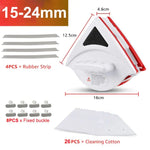 Graphic showing a triangular window-cleaning tool with measurements (about 16 cm wide and 12.5 cm tall) plus accessories, including rubber strips, fixed buckles, and cleaning cloth pads, labeled “15–24mm.”