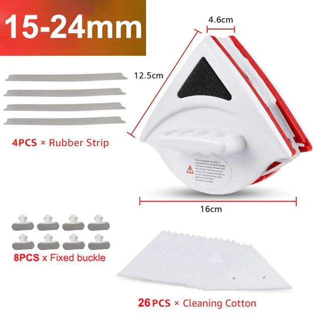 Graphic showing a triangular window-cleaning tool with measurements (about 16 cm wide and 12.5 cm tall) plus accessories, including rubber strips, fixed buckles, and cleaning cloth pads, labeled “15–24mm.”