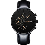 Black analog wristwatch with multiple sub-dials for seconds, minutes, and 1/10 seconds, featuring a black dial with rose gold accents and a black leather strap. The brand "YOLAKO" is visible on the dial.