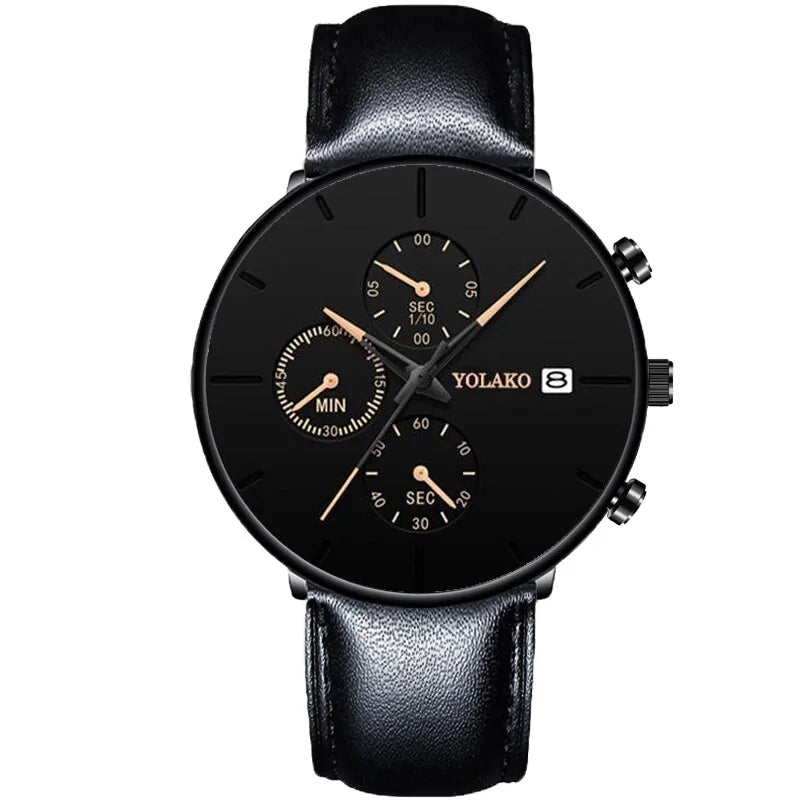 Black analog wristwatch with multiple sub-dials for seconds, minutes, and 1/10 seconds, featuring a black dial with rose gold accents and a black leather strap. The brand "YOLAKO" is visible on the dial.