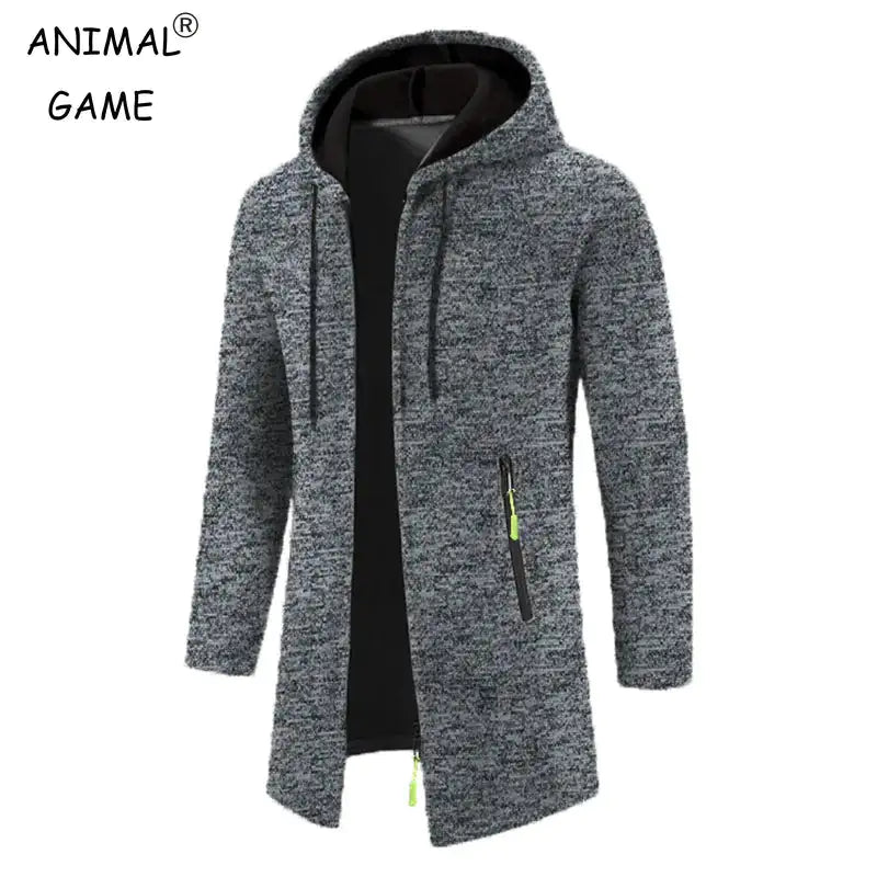 A modern, longline hooded cardigan in a textured gray fabric with black inner lining. The open-front design gives it a relaxed fit, while the black zippered pocket with a neon green pull tab adds a sporty touch. The hood includes adjustable drawstrings for a casual and stylish look. The 'ANIMAL GAME' branding is visible in the upper left corner