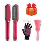 A product image showcasing a pink electric hair straightening comb with a sleek design, alongside two additional items:
