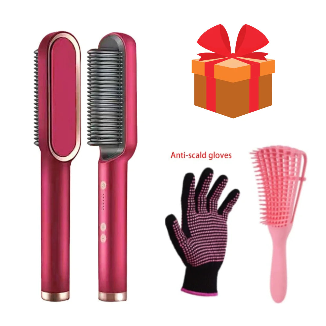 A product image showcasing a pink electric hair straightening comb with a sleek design, alongside two additional items: