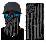 Black and grey American flag neck gaiter face covering with distressed print.
