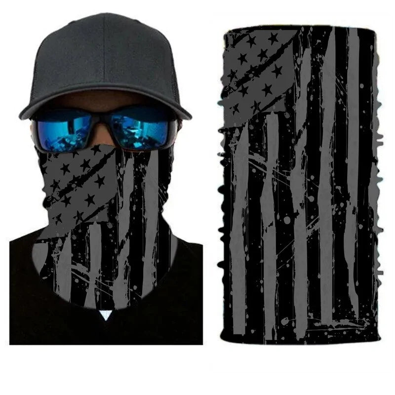 Black and grey American flag neck gaiter face covering with distressed print.
