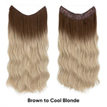Two views of a long wavy halo hair extension in an ombré blend from brown roots to cool blonde ends, labeled “Brown to Cool Blonde,” on a white background.