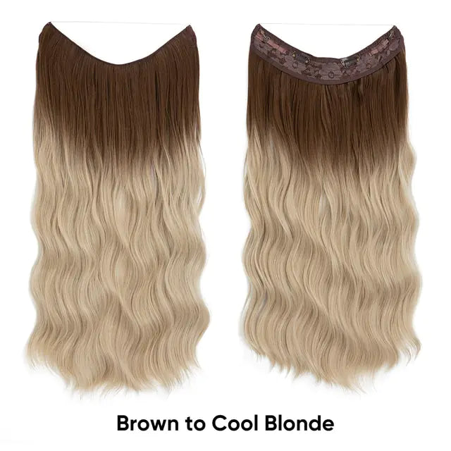 Two views of a long wavy halo hair extension in an ombré blend from brown roots to cool blonde ends, labeled “Brown to Cool Blonde,” on a white background.