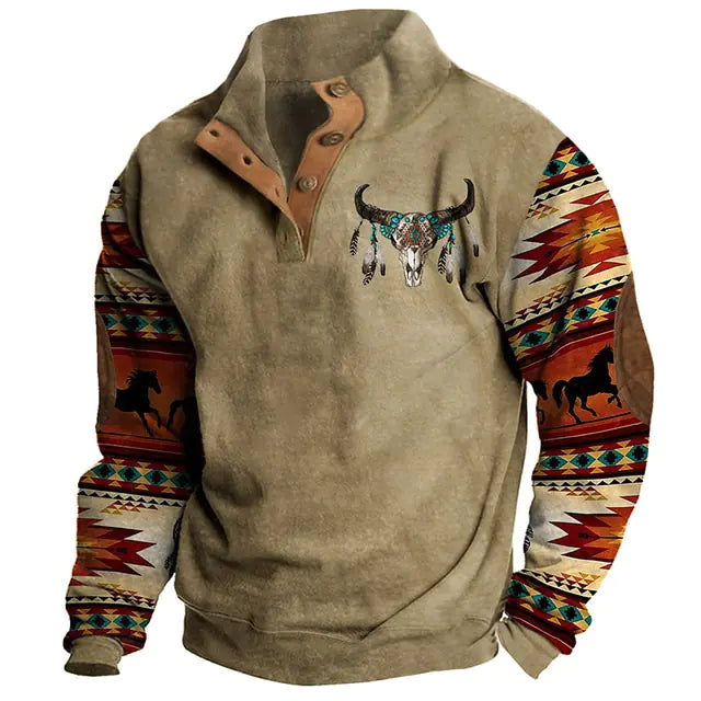 Beige long-sleeve pullover with a stand collar, bull skull chest graphic, and Southwestern-patterned sleeves.