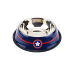 A stainless steel pet bowl with a blue outer rim featuring a red stripe and a white star emblem, resembling a superhero-inspired design. The bowl has a non-slip black rubber base for stability and is designed for feeding pets like dogs or cats.