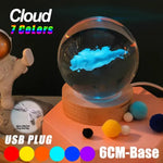 Crystal ball LED night light with a blue “cloud” design on a wooden base, shown with USB plug and “7 colors