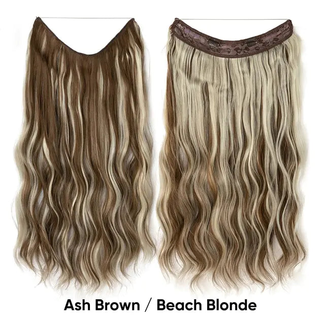 A studio product image of two long, wavy flip-in/halo hair extensions on a white background, shown in different shades—medium auburn and ash blonde—with a thin wire/halo band along the top. Text at the bottom reads “Medium Auburn / Ash Blonde.