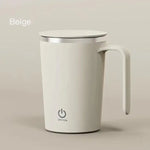 A minimalist beige insulated mug with a clean matte finish, fitted handle, and matching lid with a silver rim. A small power-style logo appears near the base, suggesting it may be a temperature-control or self-heating cup. Its simple modern design suits office, home, or travel use.