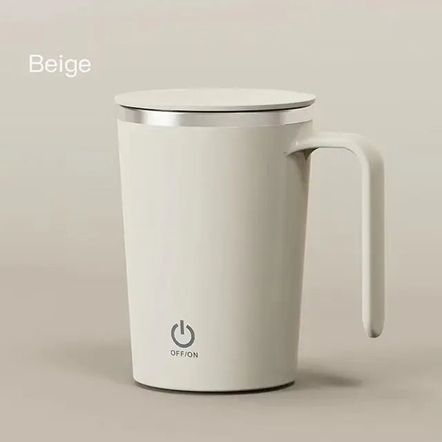 A minimalist beige insulated mug with a clean matte finish, fitted handle, and matching lid with a silver rim. A small power-style logo appears near the base, suggesting it may be a temperature-control or self-heating cup. Its simple modern design suits office, home, or travel use.