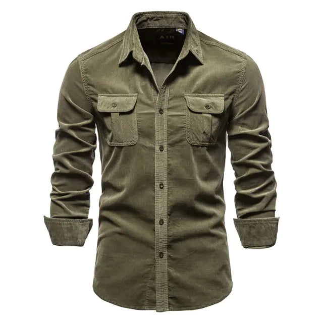 A stylish long-sleeved button-up shirt with a classic collar. The shirt features two symmetrical chest pockets with buttoned flaps, giving it a rugged yet sophisticated look. The sleeves are slightly rolled up, adding a casual touch to the overall design.