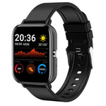 Black rectangular smartwatch with a black silicone strap, shown at an angle; the display reads 20:36 with date (08/09 MON), a sunny weather icon with 20°/35°, and fitness stats including a graph, heart rate, and step count.