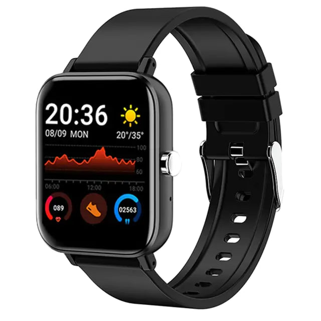 Black rectangular smartwatch with a black silicone strap, shown at an angle; the display reads 20:36 with date (08/09 MON), a sunny weather icon with 20°/35°, and fitness stats including a graph, heart rate, and step count.