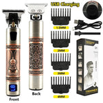 Product layout of a rechargeable hair trimmer with ornate engraved handle, showing front and back views, four guide combs labeled 1.5 mm, 2 mm, 3 mm, and 4 mm, plus a USB charging cable, cleaning brush, and retail box.
