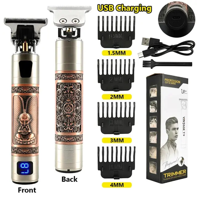 Product layout of a rechargeable hair trimmer with ornate engraved handle, showing front and back views, four guide combs labeled 1.5 mm, 2 mm, 3 mm, and 4 mm, plus a USB charging cable, cleaning brush, and retail box.